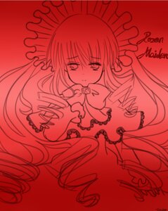 Rating: Safe Score: 0 Tags: 1girl bow dress drill_hair frills image lineart long_hair monochrome red_background red_theme shinku solo very_long_hair User: admin