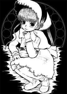 Rating: Safe Score: 0 Tags: 1girl bangs black_background dress full_body greyscale image long_sleeves looking_at_viewer monochrome own_hands_together shinku sitting solo User: admin