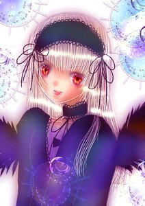 Rating: Safe Score: 0 Tags: 1girl bangs dress frills hairband image long_hair long_sleeves looking_at_viewer red_eyes silver_hair smile solo suigintou wings User: admin