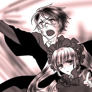 Rating: Safe Score: 0 Tags: 1boy 1girl bonnet bowtie dress glasses image long_hair long_sleeves monochrome open_mouth shinku solo User: admin