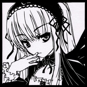 Rating: Safe Score: 0 Tags: 1girl black_border blush border circle_cut greyscale hairband image letterboxed long_hair looking_at_viewer monochrome simple_background solo suigintou upper_body User: admin