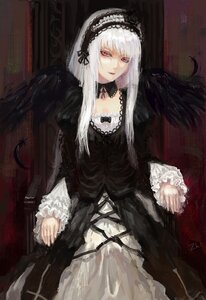 Rating: Safe Score: 0 Tags: 1girl black_dress black_wings chair closed_mouth dress feathers frilled_sleeves frills gothic_lolita hairband image lolita_fashion long_hair long_sleeves looking_at_viewer red_eyes rose silver_hair sitting solo suigintou wings User: admin