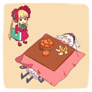 Rating: Safe Score: 0 Tags: 2girls aka_(s3637) blonde_hair bonnet book boots bow commentary_request cup dress drill_hair flower food frills fruit hairband image knee_boots kotatsu long_hair mandarin_orange multiple_girls open_mouth pair photoshop_(medium) pink_bow rose rozen_maiden shinku silver_hair sleeping suigintou table teacup very_long_hair User: admin