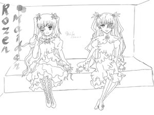 Rating: Safe Score: 0 Tags: 2girls barasuishou boots dress flower greyscale hair_ornament image kirakishou long_hair monochrome multiple_girls pair sitting smile thighhighs twintails two_side_up vertical_stripes User: admin