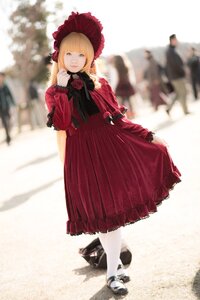 Rating: Safe Score: 0 Tags: 1girl blonde_hair blurry blurry_background bonnet bow depth_of_field dress flower long_sleeves looking_at_viewer pantyhose red_dress rose shinku shoes solo solo_focus standing white_legwear User: admin
