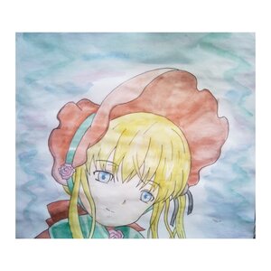 Rating: Safe Score: 0 Tags: 1girl bangs blonde_hair blue_eyes bonnet bow bowtie flower image long_hair looking_at_viewer pink_bow portrait rose shinku sidelocks solo traditional_media watercolor_(medium) User: admin