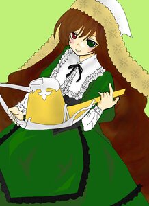 Rating: Safe Score: 0 Tags: 1girl blush brown_hair dress frills green_background green_dress green_eyes heterochromia holding image long_hair long_sleeves looking_at_viewer red_eyes simple_background solo suiseiseki very_long_hair watering_can User: admin