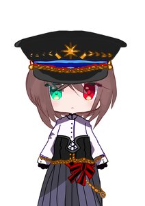 Rating: Safe Score: 0 Tags: 1girl bangs black_headwear brown_hair chain closed_mouth green_eyes hair_between_eyes hariruri hat heterochromia image long_sleeves looking_at_viewer peaked_cap red_eyes sheath solo souseiseki standing sword white_background User: admin