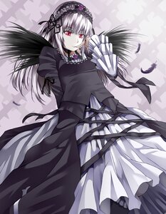 Rating: Safe Score: 3 Tags: 1girl bad_id bad_pixiv_id black_wings bobu_shingari bow dress feathers finger_to_mouth flower frills gothic_lolita hairband highres image juliet_sleeves lolita_fashion long_hair long_sleeves looking_at_viewer looking_down pink_eyes puffy_sleeves purple_background purple_flower purple_rose red_eyes ribbon rose rozen_maiden silver_hair solo suigintou wings User: admin