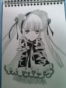Rating: Safe Score: 0 Tags: 1girl blush dress drill_hair frills greyscale image long_hair long_sleeves looking_at_viewer monochrome photo shikishi shinku simple_background solo traditional_media twin_drills twintails white_background User: admin