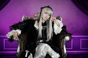 Rating: Safe Score: 0 Tags: 1girl chair dress flower frilled_sleeves frills gothic_lolita hairband lips lolita_fashion long_hair long_sleeves looking_at_viewer rose silver_hair sitting solo suigintou User: admin