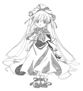 Rating: Safe Score: 0 Tags: 1girl apron dress full_body greyscale image long_hair long_sleeves looking_at_viewer monochrome ribbon shinku simple_background smile solo standing striped very_long_hair white_background User: admin