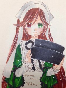 Rating: Safe Score: 0 Tags: 1girl bangs brown_hair closed_mouth frills green_dress green_eyes hat heterochromia holding image long_hair long_sleeves looking_at_viewer marker_(medium) red_eyes simple_background smile solo suiseiseki traditional_media watercolor_(medium) User: admin