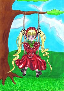 Rating: Safe Score: 0 Tags: 1girl blonde_hair blue_eyes bow bowtie dress image long_hair long_sleeves red_dress shinku shoes solo twintails User: admin