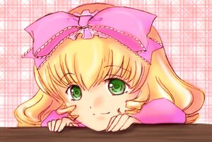 Rating: Safe Score: 0 Tags: 1girl blonde_hair blush bow green_eyes hair_bow hina_ichigo hinaichigo image looking_at_viewer pink_bow smile solo table User: admin