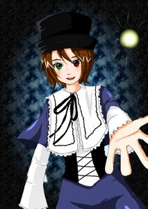 Rating: Safe Score: 0 Tags: 1girl black_headwear blue_dress brown_hair dress full_moon green_eyes hat heterochromia image long_sleeves looking_at_viewer night open_mouth outstretched_arm red_eyes smile solo souseiseki top_hat User: admin