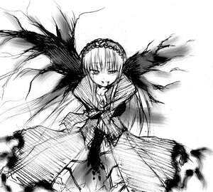 Rating: Safe Score: 0 Tags: 1girl auto_tagged black_wings blood dress feathered_wings frills greyscale hairband image long_hair long_sleeves looking_at_viewer monochrome rozen_maiden simple_background solo standing suigintou very_long_hair white_background wings User: admin