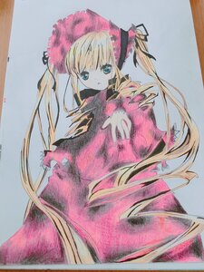 Rating: Safe Score: 0 Tags: 1girl bangs blonde_hair blue_eyes bonnet bow colored_pencil_(medium) dress drill_hair image long_hair long_sleeves looking_at_viewer marker_(medium) photo red_dress shikishi shinku solo traditional_media twin_drills twintails very_long_hair User: admin