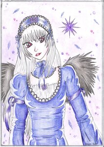 Rating: Safe Score: 0 Tags: 1girl black_wings colored_pencil_(medium) dress feathers flower frills hairband image lipstick long_hair long_sleeves looking_at_viewer makeup marker_(medium) petals photo puffy_sleeves rose shikishi solo suigintou traditional_media wings User: admin