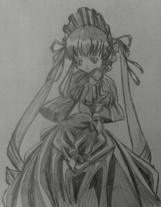 Rating: Safe Score: 0 Tags: 1girl auto_tagged bonnet dress frills greyscale image long_hair long_sleeves monochrome shinku solo standing traditional_media twintails very_long_hair User: admin