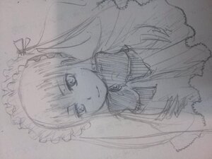 Rating: Safe Score: 0 Tags: 1girl bangs closed_mouth eyebrows_visible_through_hair frills image long_hair long_sleeves looking_at_viewer maid_headdress monochrome shinku sketch smile solo traditional_media upper_body User: admin