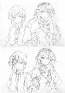 Rating: Safe Score: 0 Tags: dress image lineart long_hair long_sleeves looking_at_viewer monochrome neck_ribbon pair ribbon short_hair sketch smile souseiseki suigintou User: admin