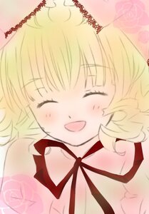 Rating: Safe Score: 0 Tags: 1girl :d bangs blonde_hair blush closed_eyes hinaichigo image open_mouth ribbon smile solo User: admin