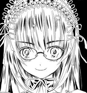 Rating: Safe Score: 0 Tags: 1girl bangs blunt_bangs glasses greyscale hair_ribbon image looking_at_viewer monochrome ribbon simple_background smile solo suigintou User: admin