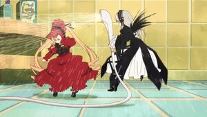 Rating: Safe Score: 0 Tags: 1girl dress image long_hair long_sleeves pair pink_hair shinku suigintou umbrella very_long_hair User: admin