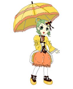 Rating: Safe Score: 0 Tags: 1girl :d ahoge dress drill_hair full_body green_eyes green_hair holding_umbrella image kanaria long_sleeves looking_at_viewer open_mouth pantyhose parasol smile solo standing twin_drills umbrella white_background white_legwear yellow_dress User: admin