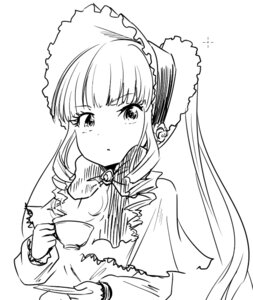 Rating: Safe Score: 0 Tags: 1girl bangs blush cup drill_hair eyebrows_visible_through_hair greyscale holding holding_cup image long_hair long_sleeves looking_at_viewer monochrome saucer shinku simple_background solo tea teacup upper_body white_background User: admin