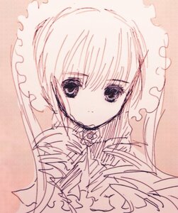 Rating: Safe Score: 0 Tags: 1girl bangs dress expressionless flower frills image long_sleeves looking_at_viewer monochrome pink_theme rose shinku simple_background solo upper_body User: admin