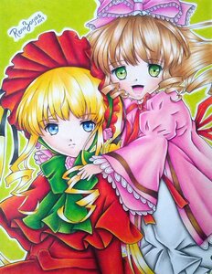 Rating: Safe Score: 0 Tags: 2girls blonde_hair blue_eyes bow dress drill_hair frills green_eyes hair_bow hina_ichigo hinaichigo image long_hair long_sleeves looking_at_viewer marker_(medium) multiple_girls open_mouth pair pink_bow red_dress shinku traditional_media User: admin