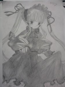 Rating: Safe Score: 0 Tags: 1girl dress frills greyscale image long_hair long_sleeves looking_at_viewer monochrome photo ribbon shinku solo traditional_media very_long_hair User: admin