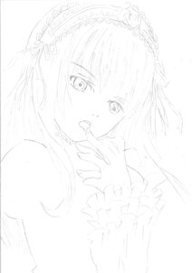 Rating: Safe Score: 0 Tags: 1girl bangs blush eyebrows_visible_through_hair frills greyscale hairband image long_hair long_sleeves looking_at_viewer monochrome simple_background sketch solo suigintou upper_body white_background User: admin