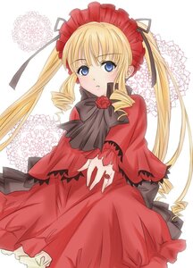 Rating: Safe Score: 0 Tags: 1girl blonde_hair blue_eyes blush bonnet bow bowtie capelet dress drill_hair flower frills image long_hair long_sleeves looking_at_viewer red_dress shinku solo twin_drills twintails User: admin