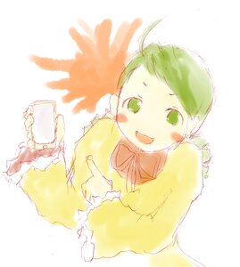 Rating: Safe Score: 0 Tags: 1girl :d blush cup green_eyes green_hair holding image kanaria long_sleeves looking_at_viewer mug open_mouth simple_background smile solo upper_body white_background User: admin