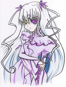 Rating: Safe Score: 0 Tags: 1girl barasuishou dress frills hair_ribbon heterochromia image long_hair long_sleeves looking_at_viewer ribbon solo traditional_media very_long_hair white_background User: admin