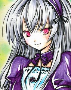 Rating: Safe Score: 0 Tags: 1girl closed_mouth detached_collar dress flower frills hairband image long_hair long_sleeves looking_at_viewer marker_(medium) pink_eyes puffy_sleeves ribbon rose silver_hair smile solo suigintou traditional_media upper_body User: admin