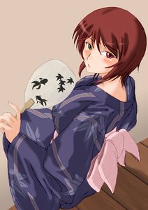 Rating: Safe Score: 0 Tags: 1girl blush brown_hair green_eyes hand_fan heterochromia image japanese_clothes kimono looking_at_viewer looking_back older paper_fan red_eyes rozen_maiden short_hair solo source_request souseiseki tsuda_nanafushi uchiwa User: admin