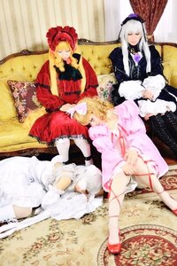 Rating: Safe Score: 0 Tags: 3girls blonde_hair bow closed_eyes couch dress frills hat long_hair multiple_cosplay multiple_girls pink_bow silver_hair sitting sleeping tagme User: admin