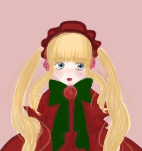 Rating: Safe Score: 0 Tags: 1girl blonde_hair blue_eyes blush bonnet bow bowtie capelet dress green_bow image long_hair long_sleeves looking_at_viewer pink_background red_dress rose shinku simple_background solo twintails upper_body User: admin