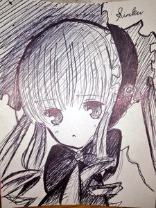 Rating: Safe Score: 0 Tags: 1girl bangs blush eyebrows_visible_through_hair hair_ribbon image long_hair looking_at_viewer marker_(medium) monochrome parted_lips photo ribbon shinku signature simple_background solo traditional_media twintails User: admin