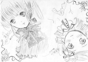 Rating: Safe Score: 0 Tags: 1girl bangs blush closed_mouth drill_hair flower hair_ornament hinaichigo image looking_at_viewer monochrome multiple_views pair ribbon rose shinku signature sketch solo traditional_media twin_drills User: admin