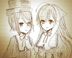 Rating: Safe Score: 0 Tags: 2girls auto_tagged blush hat image long_hair long_sleeves looking_at_viewer monochrome multiple_girls pair ribbon short_hair sketch smile souseiseki suiseiseki User: admin