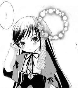 Rating: Safe Score: 0 Tags: 1girl blush dress frills greyscale image lace long_sleeves looking_at_viewer monochrome ribbon simple_background solo suiseiseki upper_body white_background User: admin