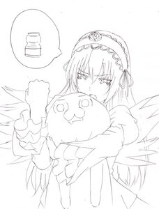 Rating: Safe Score: 0 Tags: 1girl blush dress eyebrows_visible_through_hair feathered_wings frills greyscale hairband image juliet_sleeves lolita_hairband long_hair long_sleeves looking_at_viewer monochrome open_mouth pillow pillow_hug solo suigintou white_background wings yes yes-no_pillow User: admin
