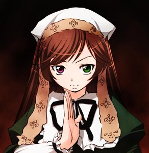 Rating: Safe Score: 0 Tags: 1girl bangs black_ribbon brown_hair closed_mouth dress green_eyes head_scarf heterochromia image long_hair long_sleeves looking_at_viewer red_eyes ribbon simple_background smile solo suiseiseki upper_body User: admin