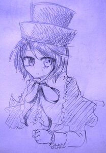 Rating: Safe Score: 0 Tags: 1girl blue_theme bow capelet closed_mouth eyebrows_visible_through_hair frills hat image long_sleeves looking_at_viewer monochrome purple_background purple_theme short_hair sketch solo souseiseki traditional_media User: admin