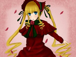 Rating: Safe Score: 0 Tags: 1girl :o blonde_hair blue_eyes bonnet bow bowtie capelet dress flower green_bow image long_hair long_sleeves looking_at_viewer petals pink_background red_dress rose_petals shinku sidelocks solo twintails User: admin